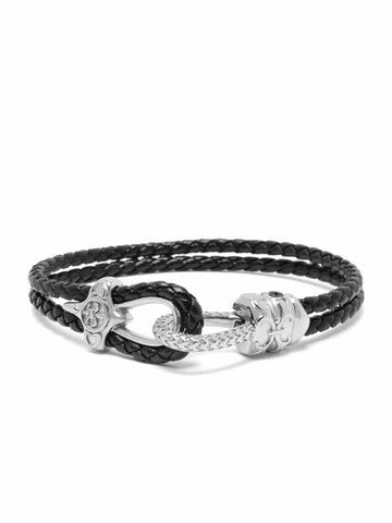 Nialaya Men's Leather Bracelet Black Leather Bracelet with Silver Rope Clasp Black Leather Bracelet with Silver Rope Clasp
